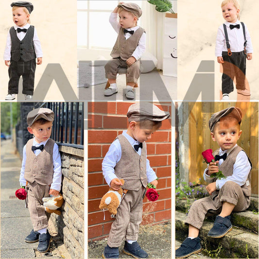 Baby boy in vintage beige wedding outfit with vest, bow tie, and cap
