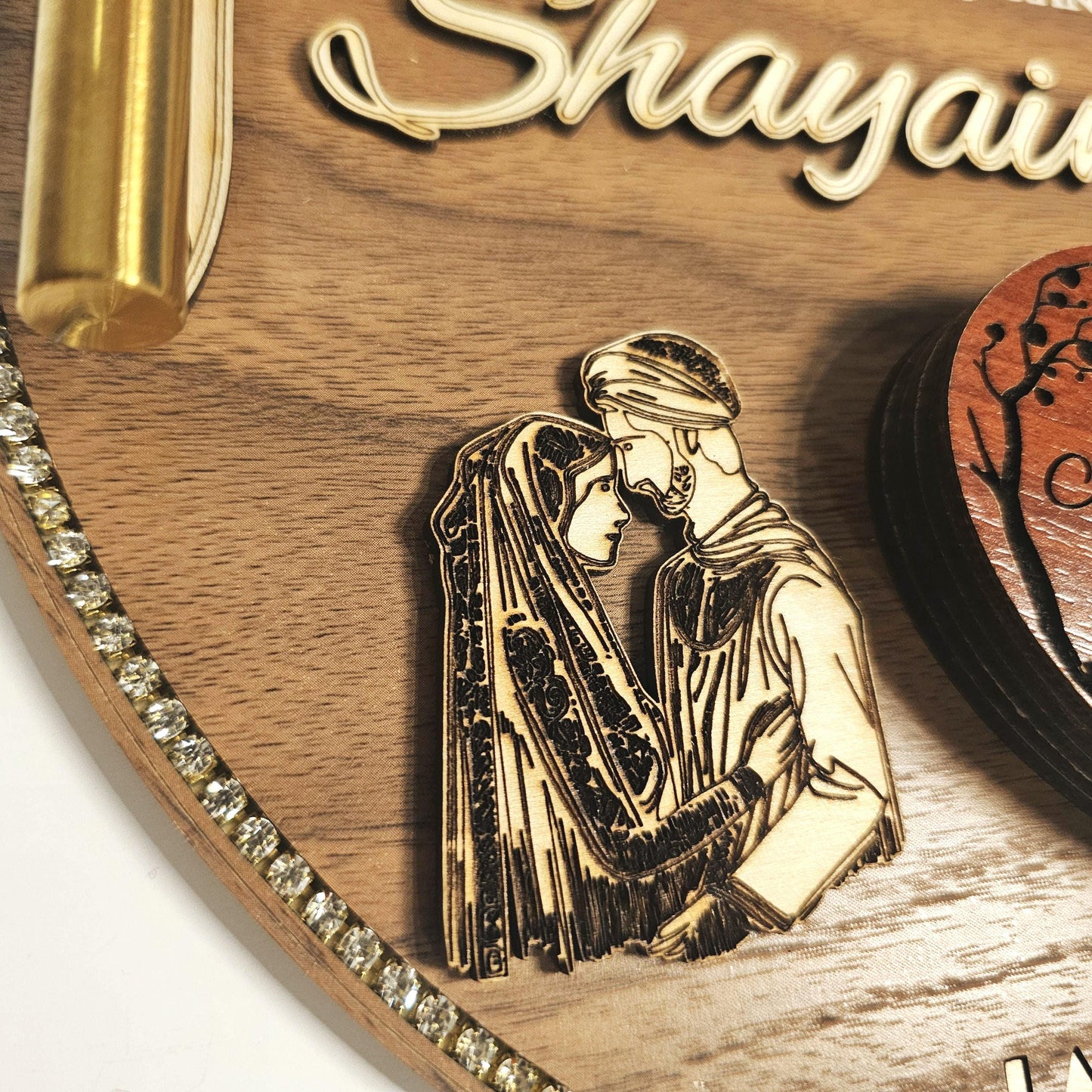 Custom Islamic Nikkah Ring Tray – Personalized Islamic Ring Tray with Fingerprint, 3D Names, Ring Box & Luxury wooden wedding Plate