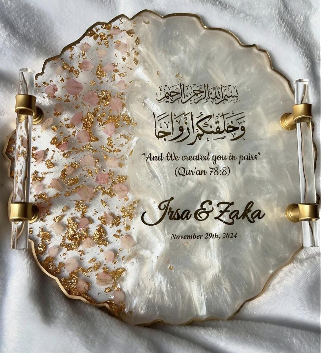 Personalized Wedding Resin Tray – Islamic Nikkah Ring Tray with Gold Handles – Custom Engagement Gift with Epoxy, Flowers & Gold Flakes – Arabic Calligraphy “And We Created You in Pairs” Keepsake – Muslim Wedding Gift – Resin Art Ring Holder Plate