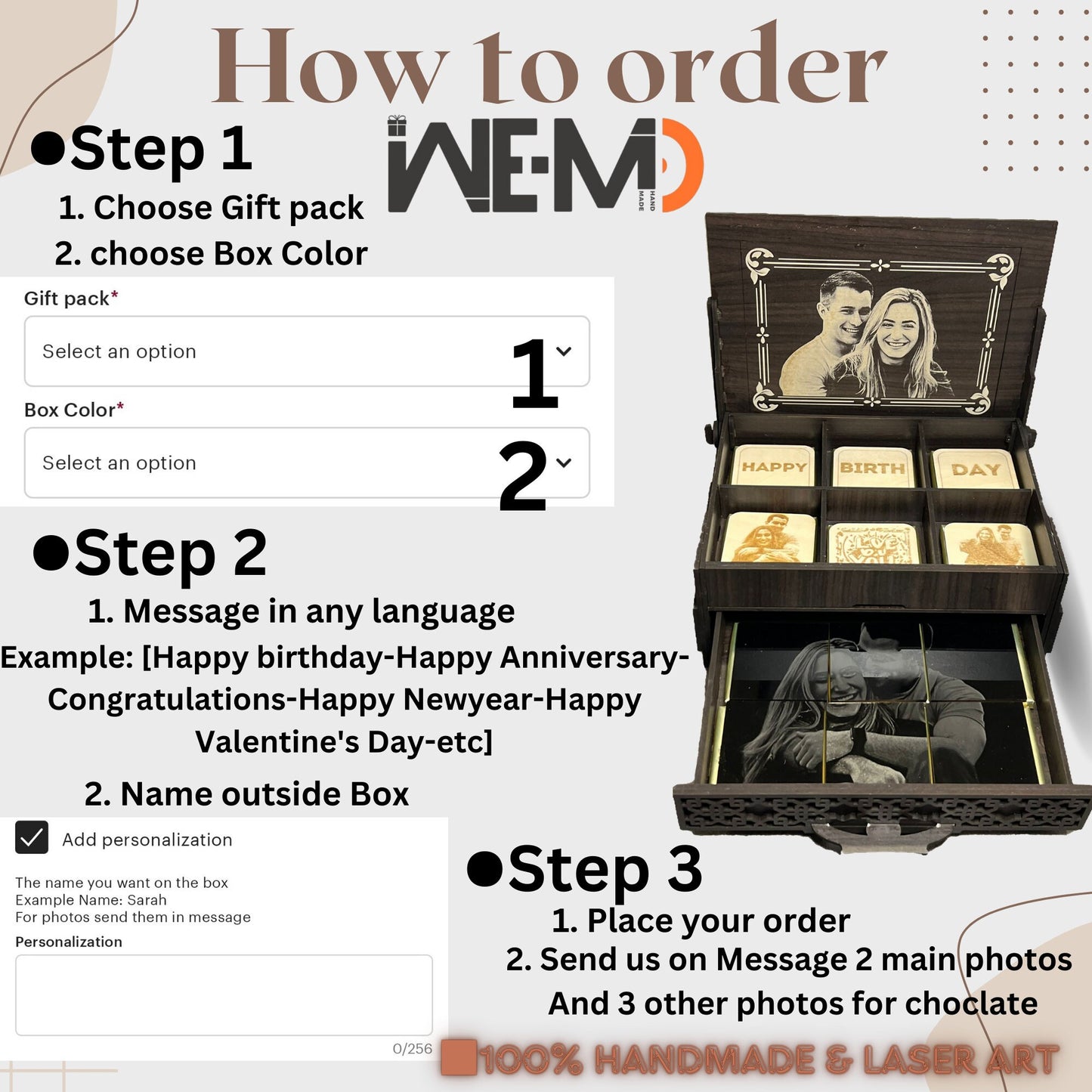 Personalized chocolate box with added name necklace option, showcasing necklace inside one of the chocolate slots next to photo-engraved pieces.