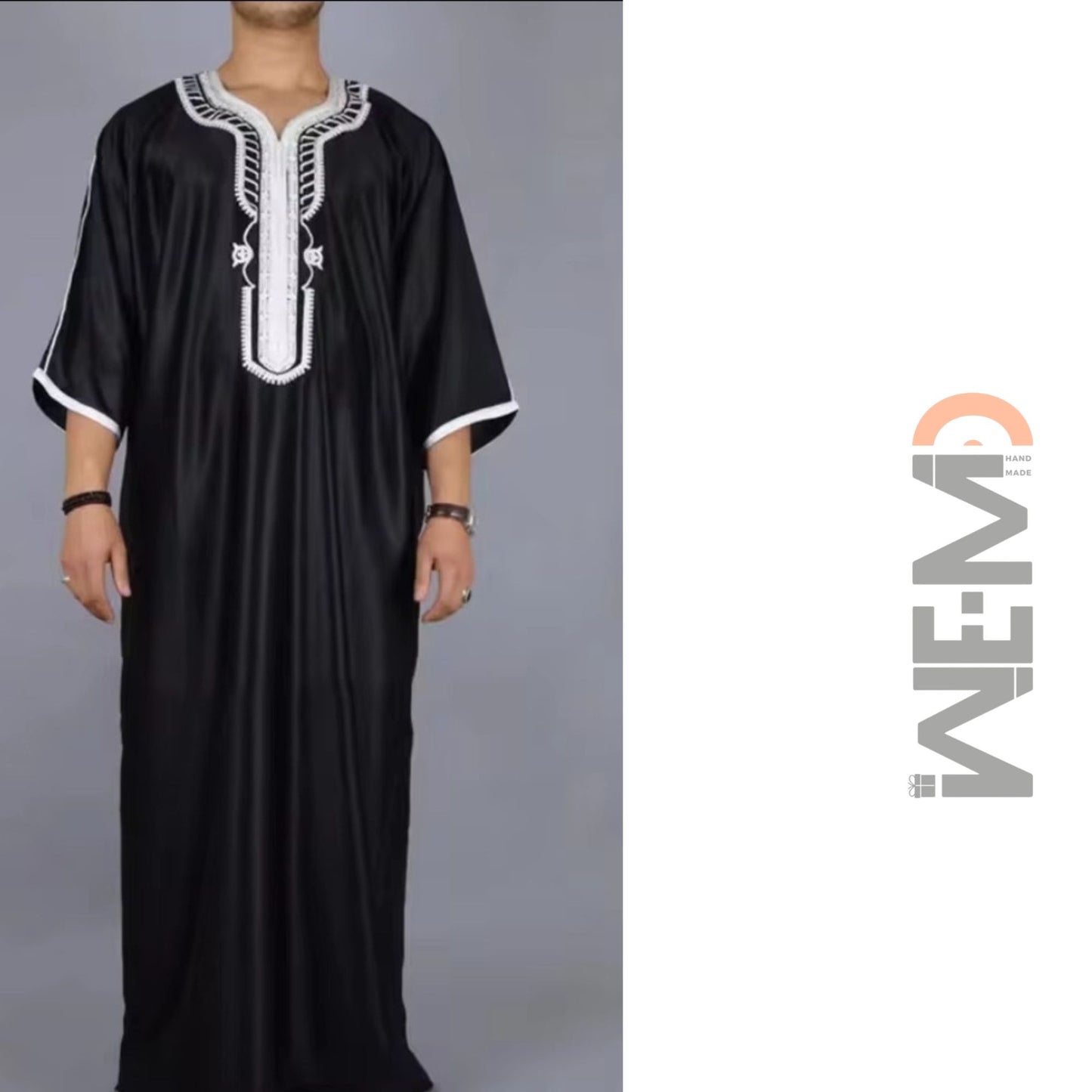Moroccan Style Men's Thobe – Traditional Embroidered Islamic Caftan Jalabiya Robe | Muslim Clothing for Eid, Ramadan & Prayer