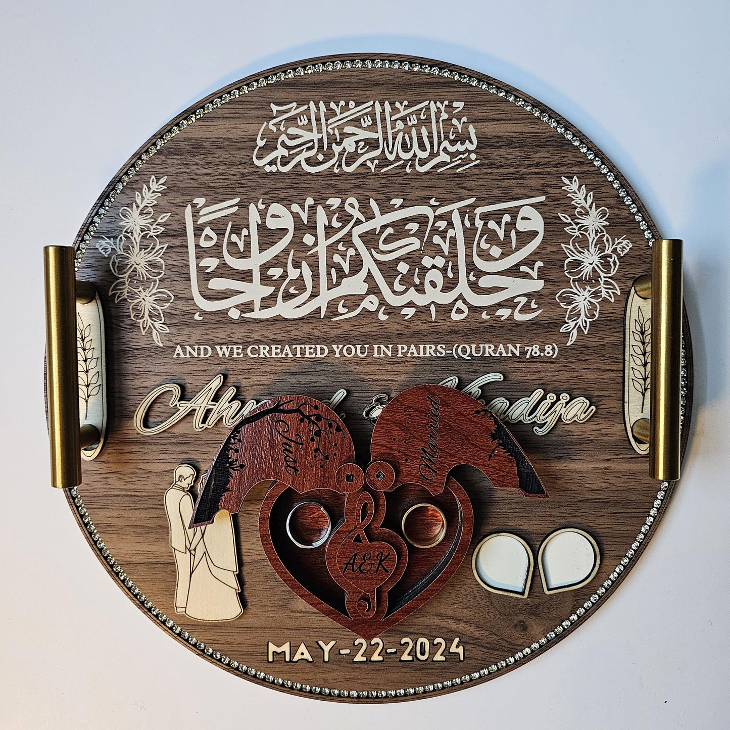 Custom Islamic Nikkah Ring Tray – Personalized Islamic Ring Tray with Fingerprint, 3D Names, Ring Box & Luxury wooden wedding Plate