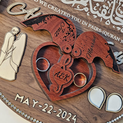 Custom Islamic Nikkah Ring Tray – Personalized Islamic Ring Tray with Fingerprint, 3D Names, Ring Box & Luxury wooden wedding Plate