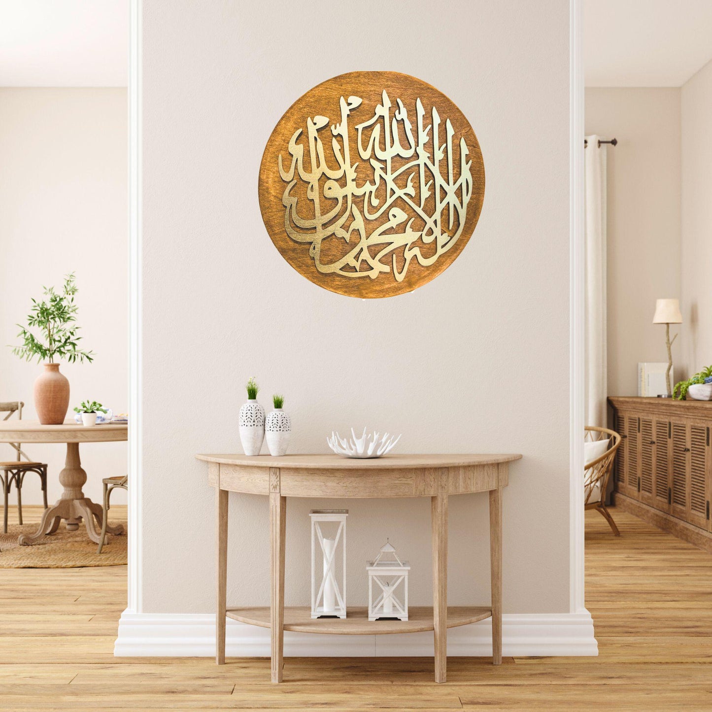 Islamic gift idea featuring round wooden art with Shahada verse – handmade layered decor for Eid or new Muslim homes