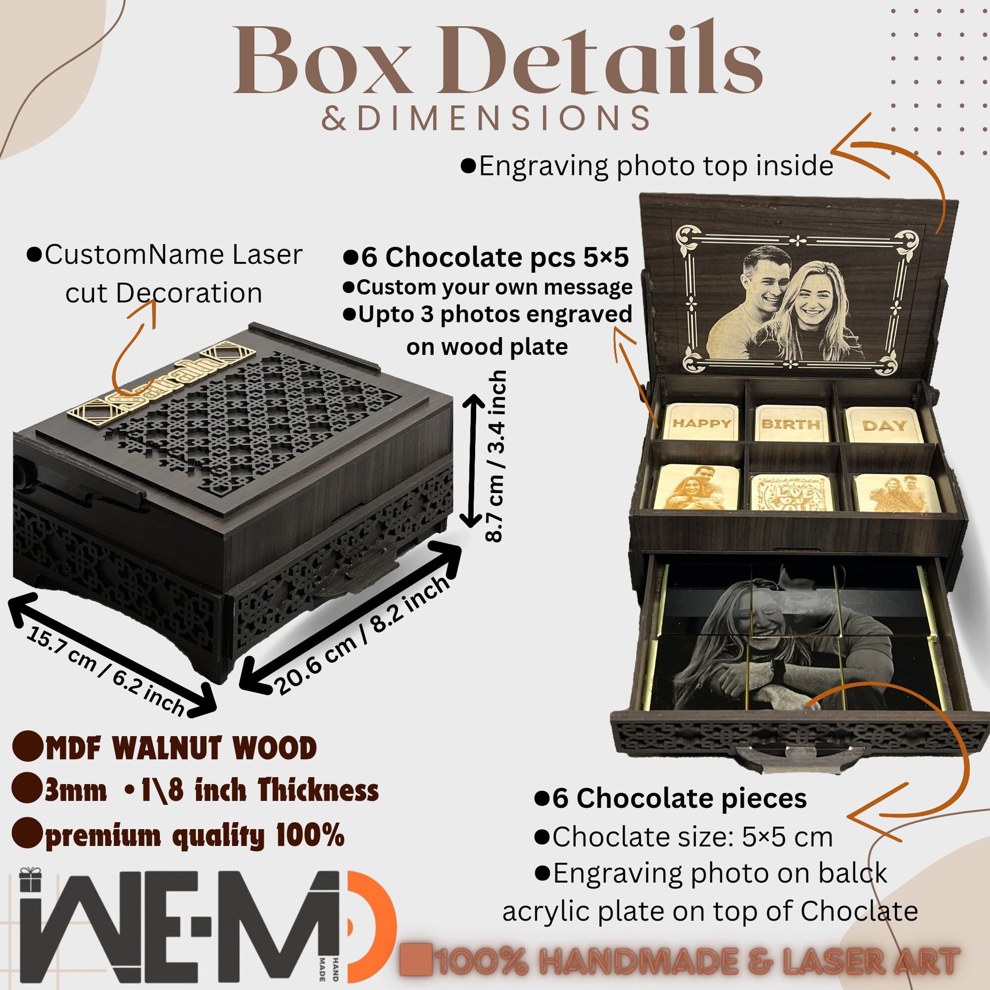 Infographic image showing detailed dimensions and features of the chocolate box including custom name engraving, wood type, drawer with mosaic photo, and chocolate specs.