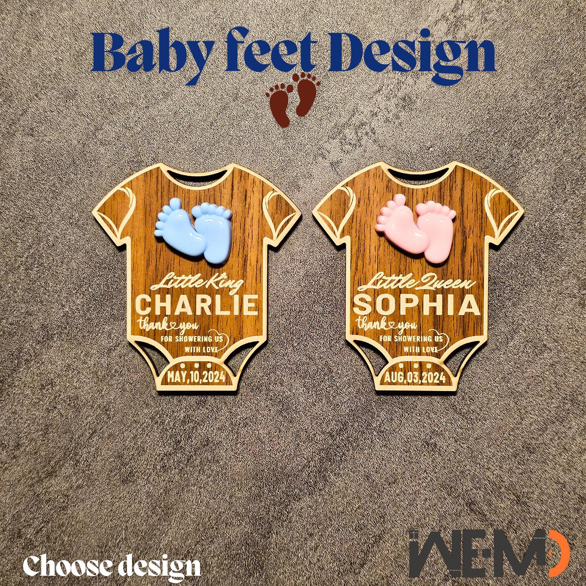 Side-by-side display of girl and boy baby magnets with crowns and feet decorations. Laser engraved walnut wood with magnet backing. Perfect personalized baby gifts or rustic keepsakes for baby showers or newborn arrival parties.