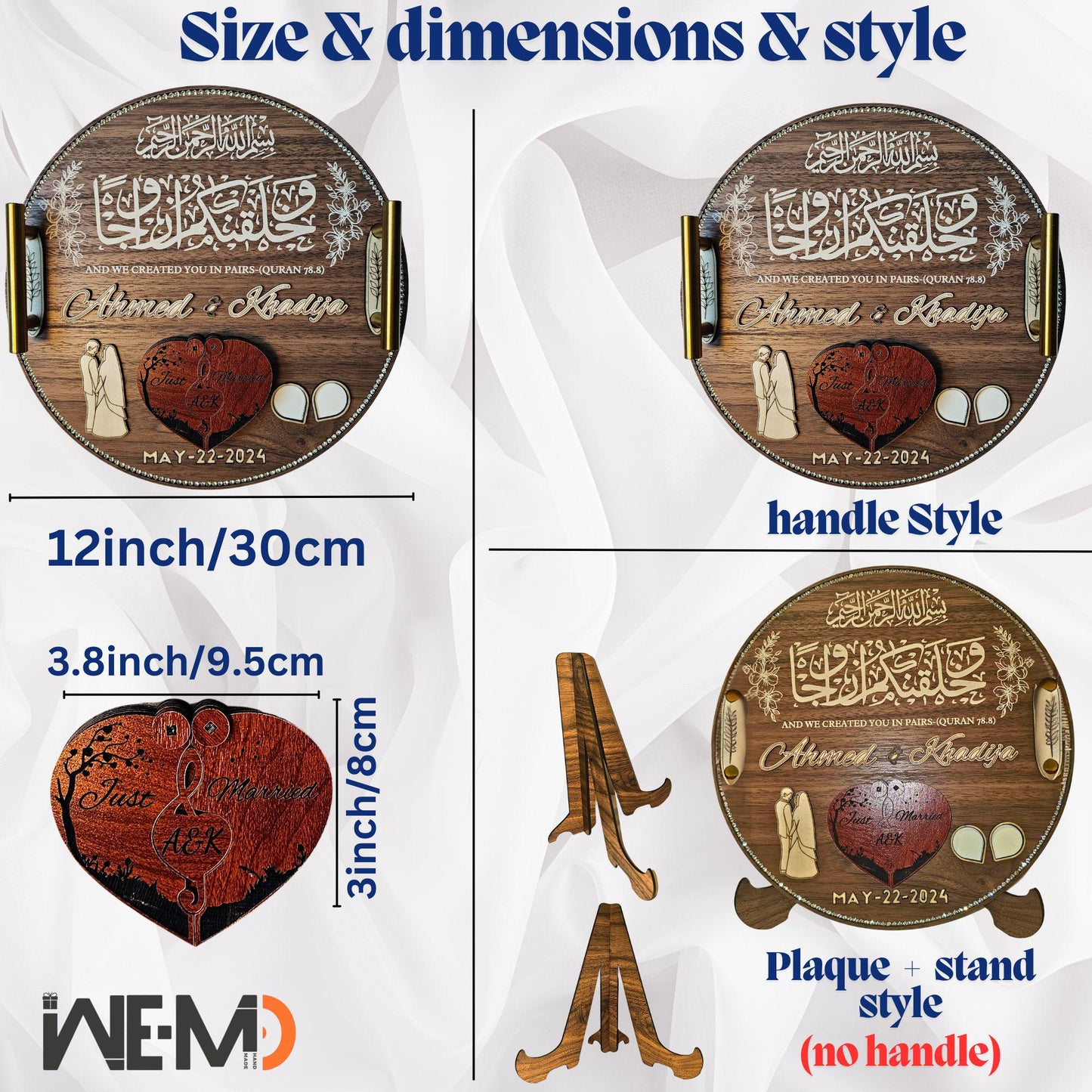 Custom Islamic Nikkah Ring Tray – Personalized Islamic Ring Tray with Fingerprint, 3D Names, Ring Box & Luxury wooden wedding Plate