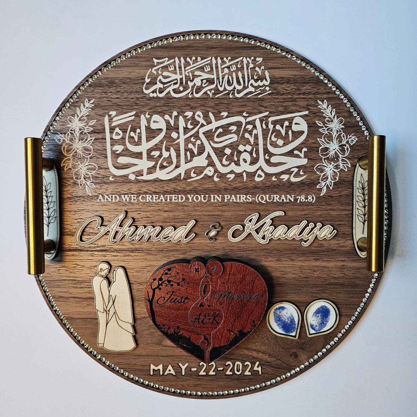 Custom Islamic Nikkah Ring Tray – Personalized Islamic Ring Tray with Fingerprint, 3D Names, Ring Box & Luxury wooden wedding Plate
