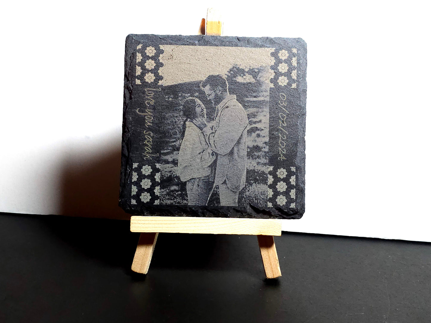 Set of 4 Slate Drink Coasters - Engraved Photo Slate Coasters - Custom Wedding Gift - Monogram Stone Coasters -Christmas Gift for Home