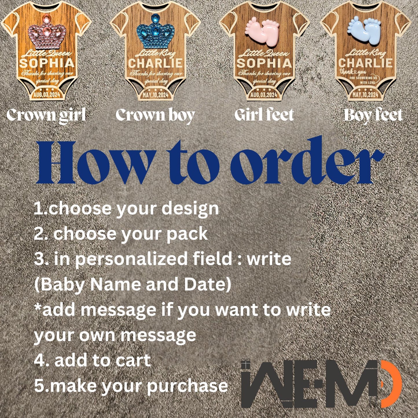 Visual instructions showing how to customize and order our personalized baby shower magnet favor. Four design options available: Crown Girl, Crown Boy, Feet Girl, and Feet Boy. Ideal for baby shower gifts, custom name keepsakes, or newborn celebration decor.