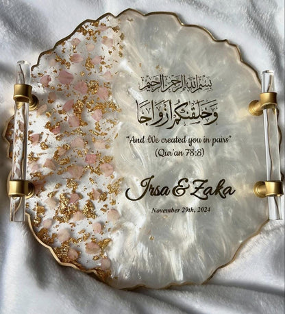 Personalized Wedding Resin Tray – Islamic Nikkah Ring Tray with Gold Handles – Custom Engagement Gift with Epoxy, Flowers & Gold Flakes – Arabic Calligraphy “And We Created You in Pairs” Keepsake – Muslim Wedding Gift – Resin Art Ring Holder Plate