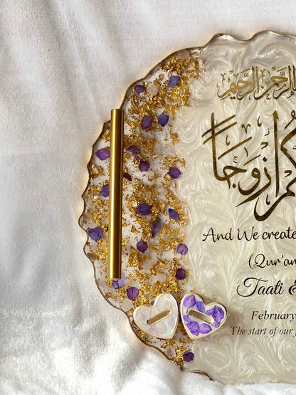 Personalized Wedding Resin Tray – Islamic Nikkah Ring Tray with Gold Handles – Custom Engagement Gift with Epoxy, Flowers & Gold Flakes – Arabic Calligraphy “And We Created You in Pairs” Keepsake – Muslim Wedding Gift – Resin Art Ring Holder Plate