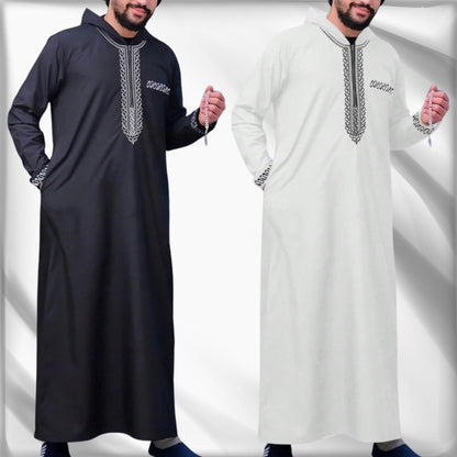 Luxury Embroidered Islamic Thobe for Men – Premium Arabic Kaftan Jubba Robe – Handmade Cotton or Linen Prayer Outfit – White & Black Dishdash for Ramadan, Eid, Wedding, Mosque – Gift for Muslim Husband or Father