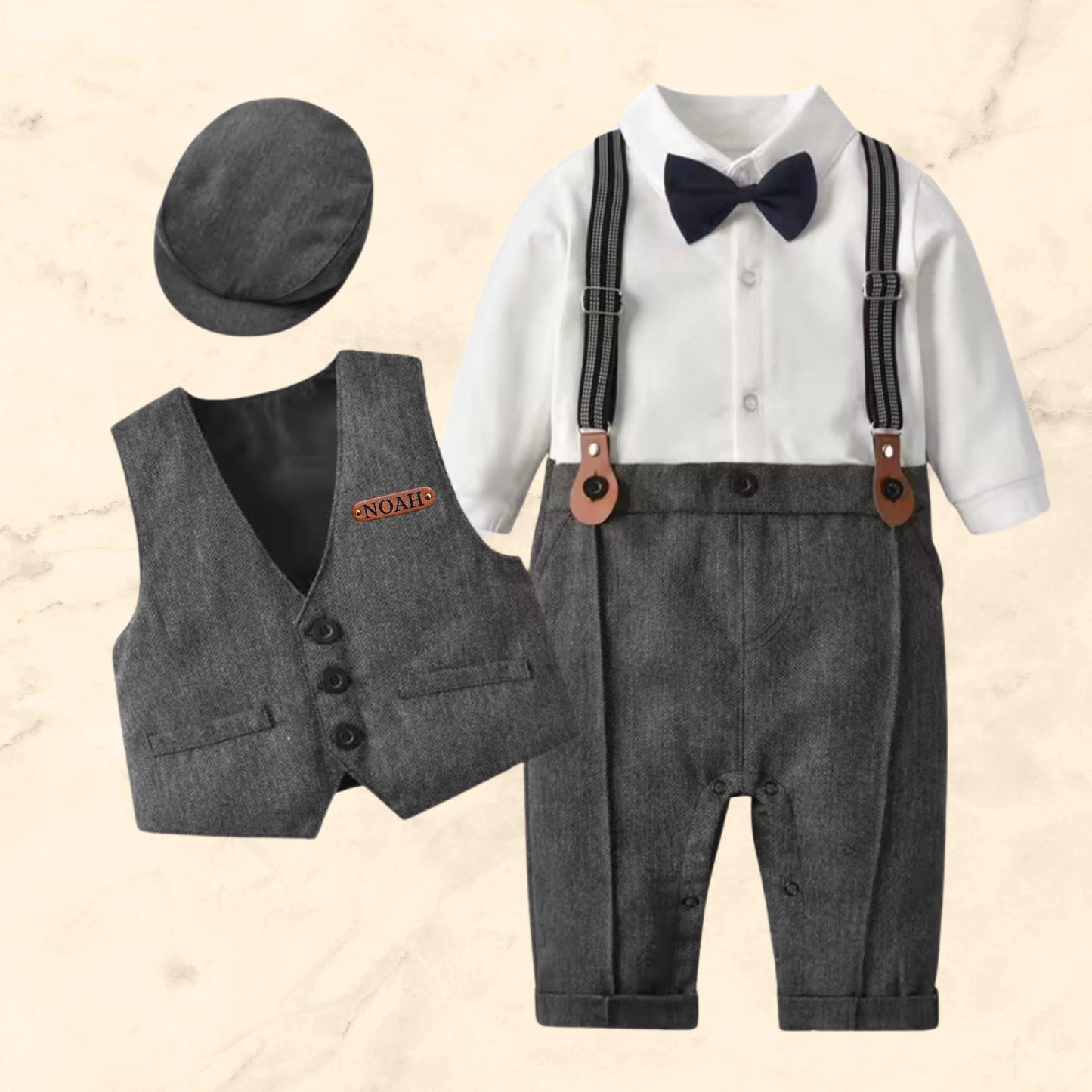 Baby Boy Wedding Outfit – Toddler Tuxedo – Ring Bearer Suit – Page Boy Outfit – Baptism Linen Suit – Baby Formal Clothes – Vintage Suspenders & Bow Tie Set – Toddler Boy Dress Clothes – Personalized Baby Name Suit