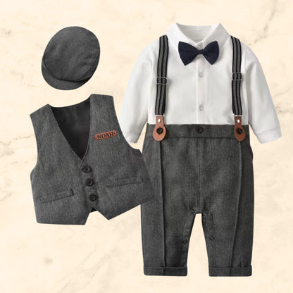 Baby Boy Wedding Outfit – Toddler Tuxedo – Ring Bearer Suit – Page Boy Outfit – Baptism Linen Suit – Baby Formal Clothes – Vintage Suspenders & Bow Tie Set – Toddler Boy Dress Clothes – Personalized Baby Name Suit