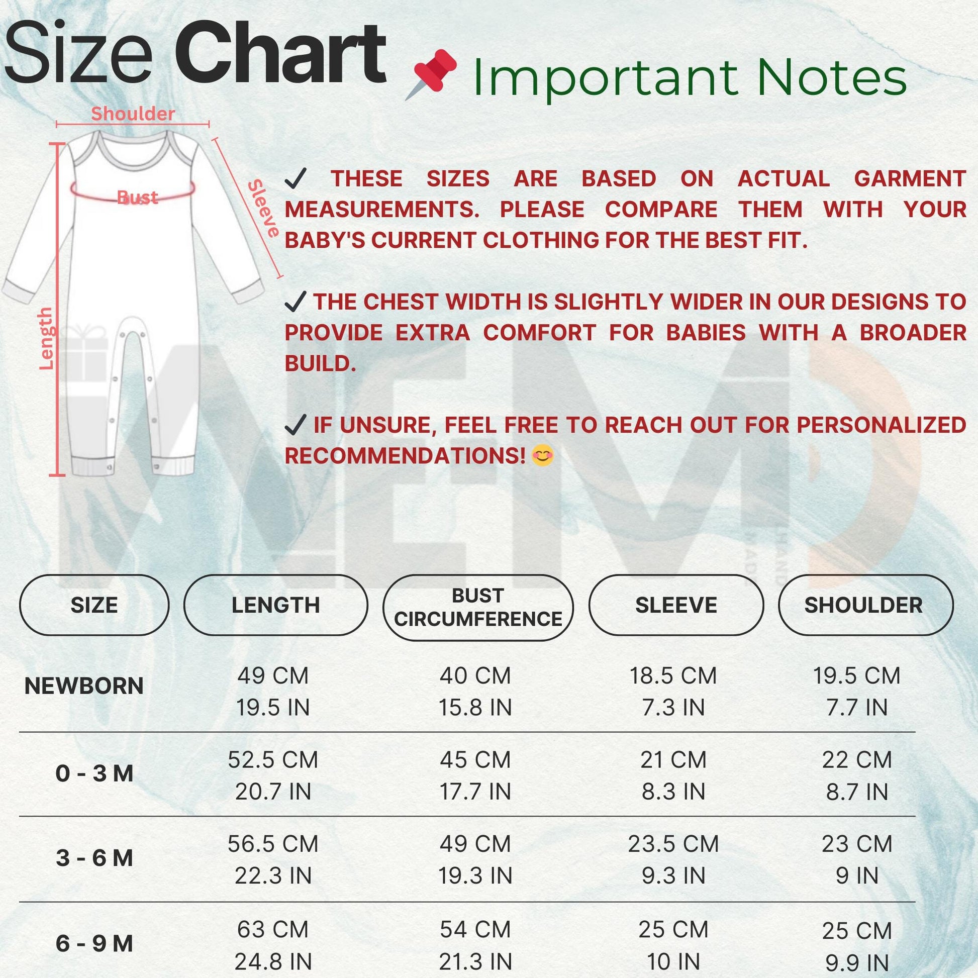 Product guide showing sizes and order instructions for Muslim baby clothes