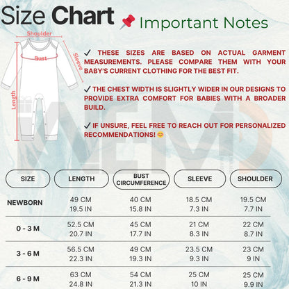 Product guide showing sizes and order instructions for Muslim baby clothes