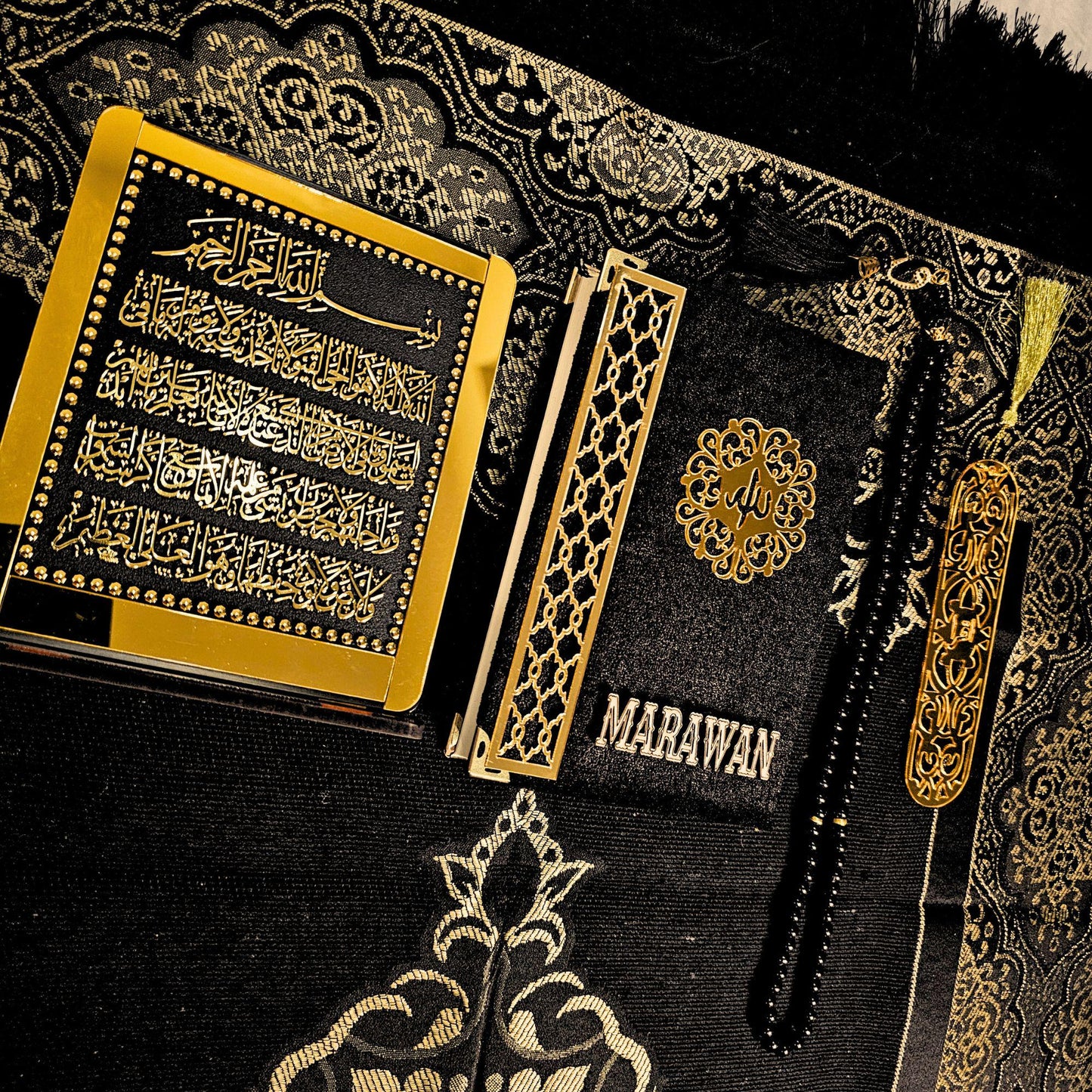 Personalized Islamic Gift Set – Custom Quran, Prayer Rug,Ayatul kursi plaque, Tasbih Beads, Kaaba Box | Muslim Gift for Ramadan, Eid, Hajj, Umrah, Islamic Wedding, Housewarming