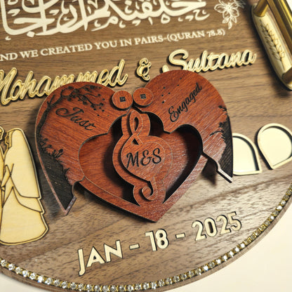 Custom Islamic Nikkah Ring Tray – Personalized Islamic Ring Tray with Fingerprint, 3D Names, Ring Box & Luxury wooden wedding Plate