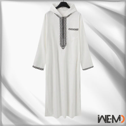 Luxury Embroidered Islamic Thobe for Men – Premium Arabic Kaftan Jubba Robe – Handmade Cotton or Linen Prayer Outfit – White & Black Dishdash for Ramadan, Eid, Wedding, Mosque – Gift for Muslim Husband or Father