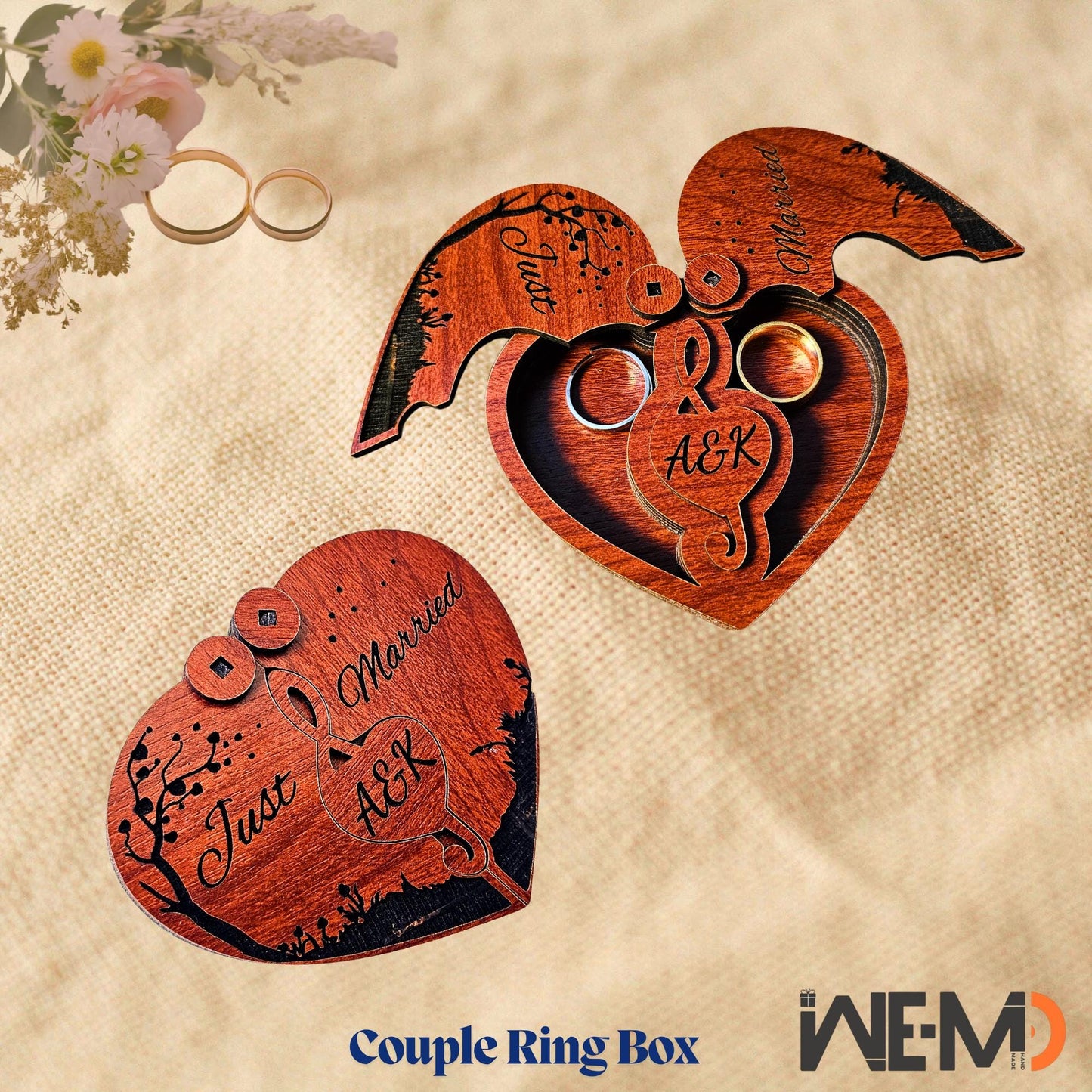 A flat lay image of a handcrafted personalized wooden heart ring box in open and closed position. Designed for couples celebrating weddings or engagements, this laser engraved box features two compartments to hold rings securely. Great for rustic wedding themes, proposal ring presentations, and anniversary gifts. A perfect engraved keepsake ring box or customized wooden gift box for newlyweds and romantic occasions.