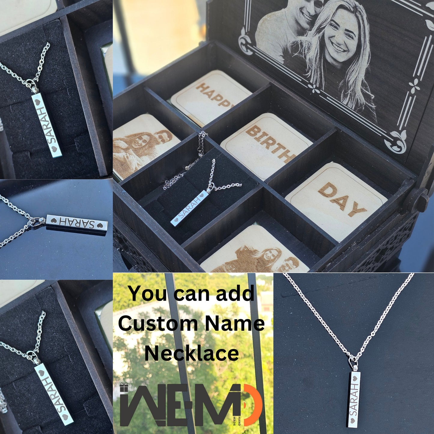 Promotional image collage of custom chocolate box with engraved chocolates, photo engraving, closed box, and optional necklace for romantic gifting.