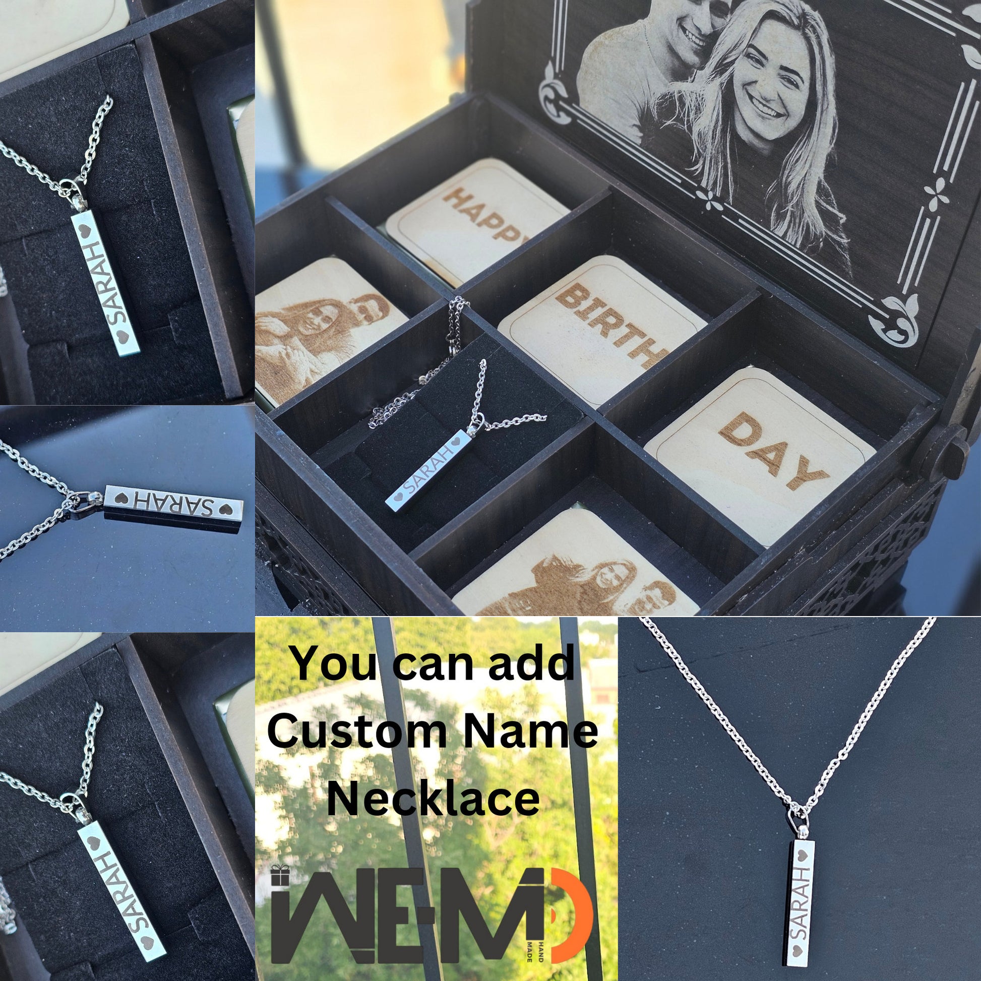 Promotional image collage of custom chocolate box with engraved chocolates, photo engraving, closed box, and optional necklace for romantic gifting.