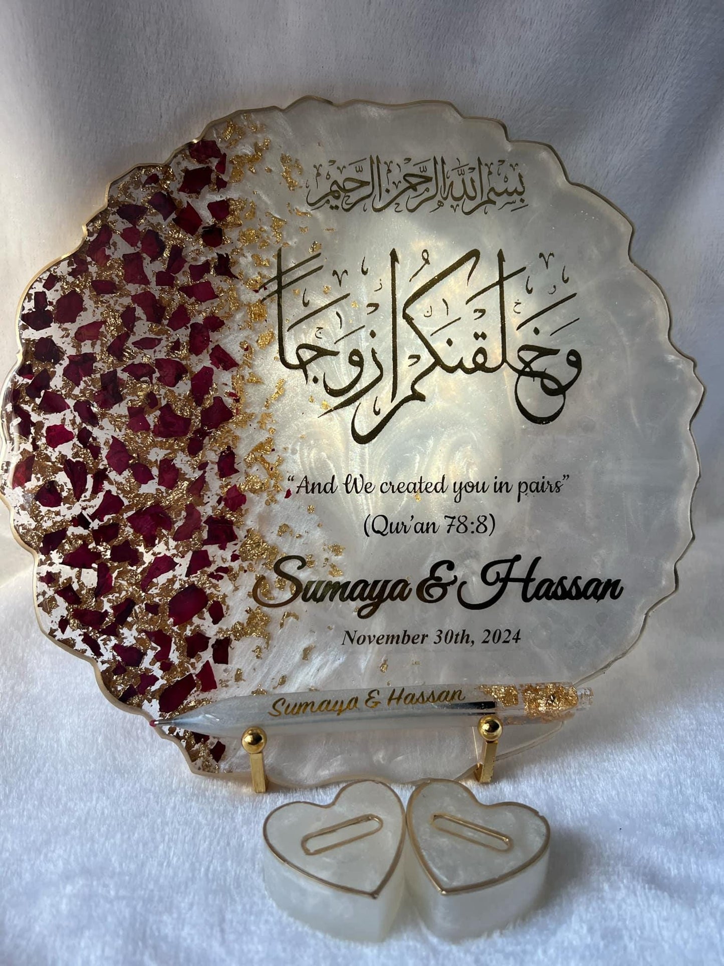 Personalized Wedding Resin Tray – Islamic Nikkah Ring Tray with Gold Handles – Custom Engagement Gift with Epoxy, Flowers & Gold Flakes – Arabic Calligraphy “And We Created You in Pairs” Keepsake – Muslim Wedding Gift – Resin Art Ring Holder Plate