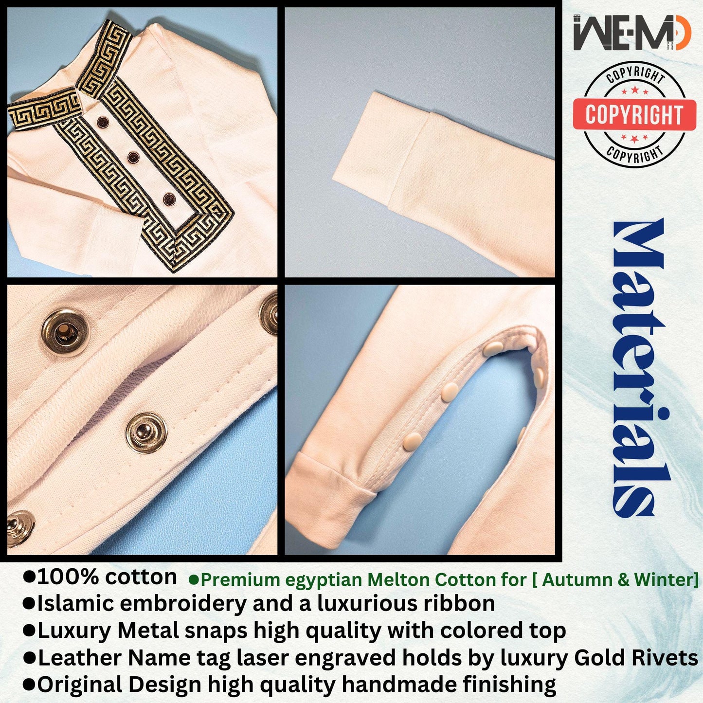 Islamic baby romper made of Egyptian Melton cotton, close-up details of embroidery, buttons, and stitching