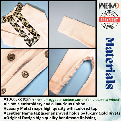 Islamic baby romper made of Egyptian Melton cotton, close-up details of embroidery, buttons, and stitching