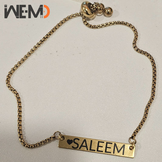 "Gold adjustable personalized bar bracelet engraved with name on stainless steel"