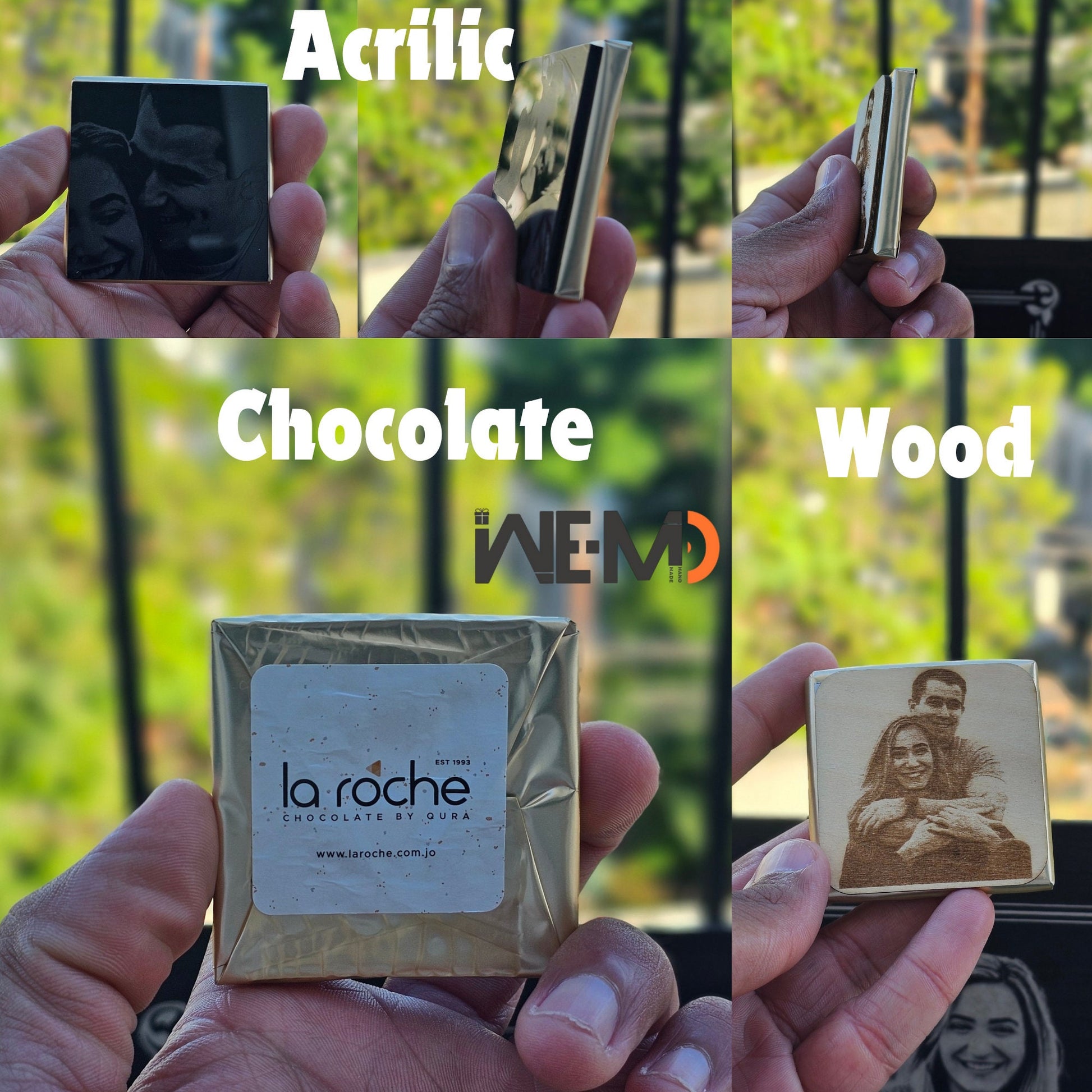 Comparison between engraved acrylic, chocolate, and wood gift pieces, showing texture and photo clarity in hand-held samples.