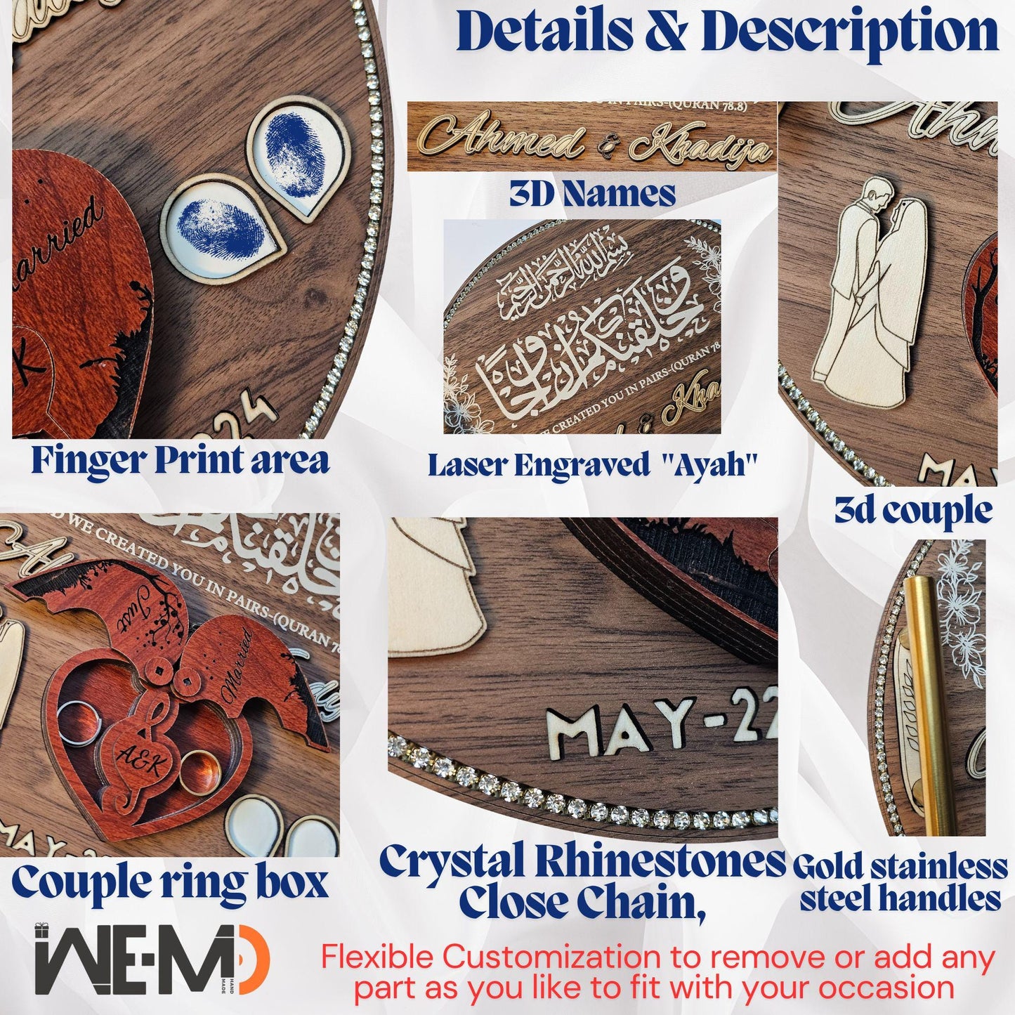 Custom Islamic Nikkah Ring Tray – Personalized Islamic Ring Tray with Fingerprint, 3D Names, Ring Box & Luxury wooden wedding Plate