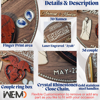 Custom Islamic Nikkah Ring Tray – Personalized Islamic Ring Tray with Fingerprint, 3D Names, Ring Box & Luxury wooden wedding Plate