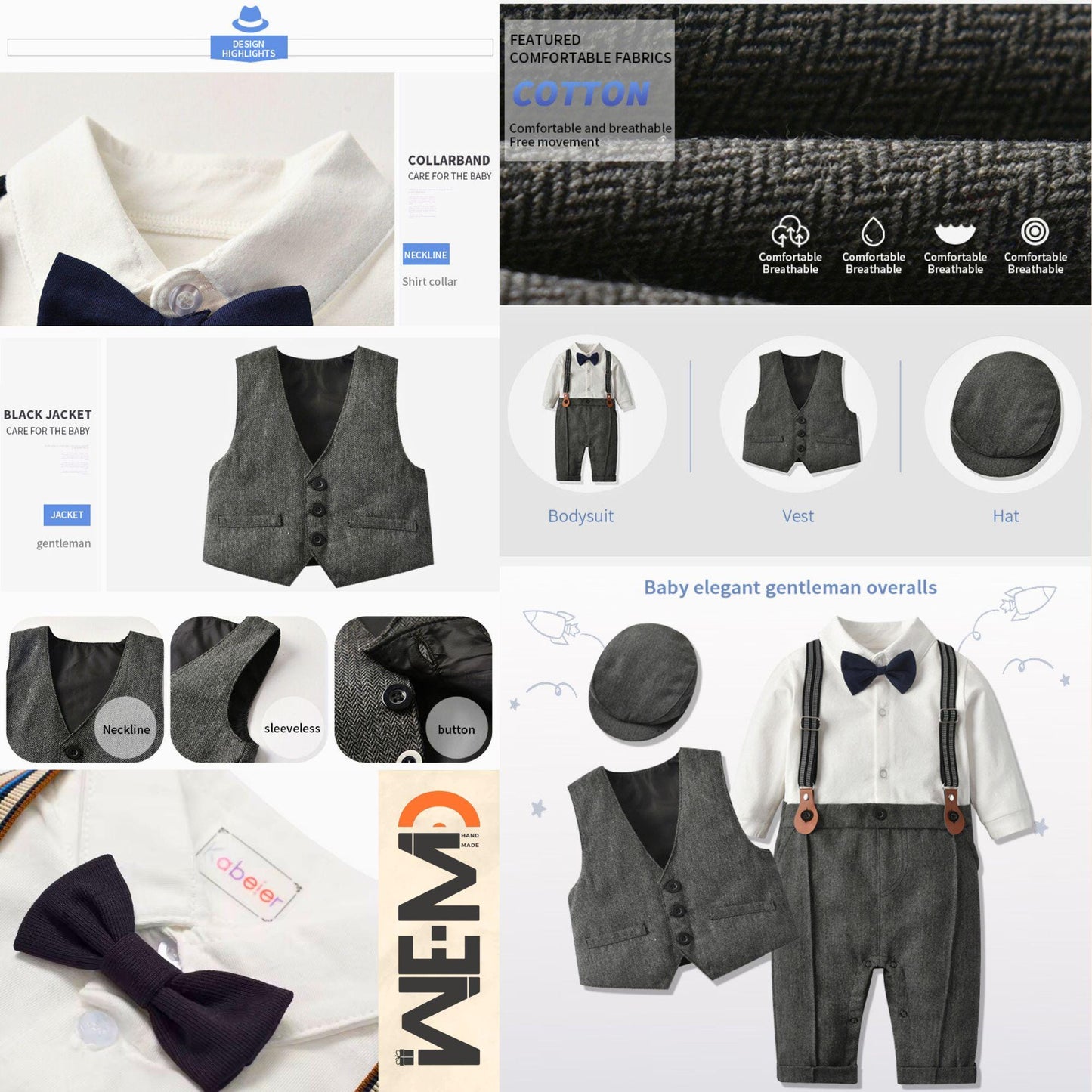 Formal baby boy 5-piece tuxedo with suspenders and bow tie