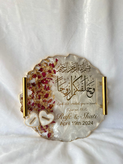 Personalized Wedding Resin Tray – Islamic Nikkah Ring Tray with Gold Handles – Custom Engagement Gift with Epoxy, Flowers & Gold Flakes – Arabic Calligraphy “And We Created You in Pairs” Keepsake – Muslim Wedding Gift – Resin Art Ring Holder Plate