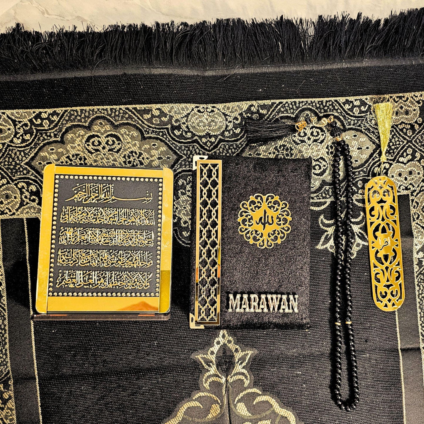 Personalized Islamic Gift Set – Custom Quran, Prayer Rug,Ayatul kursi plaque, Tasbih Beads, Kaaba Box | Muslim Gift for Ramadan, Eid, Hajj, Umrah, Islamic Wedding, Housewarming