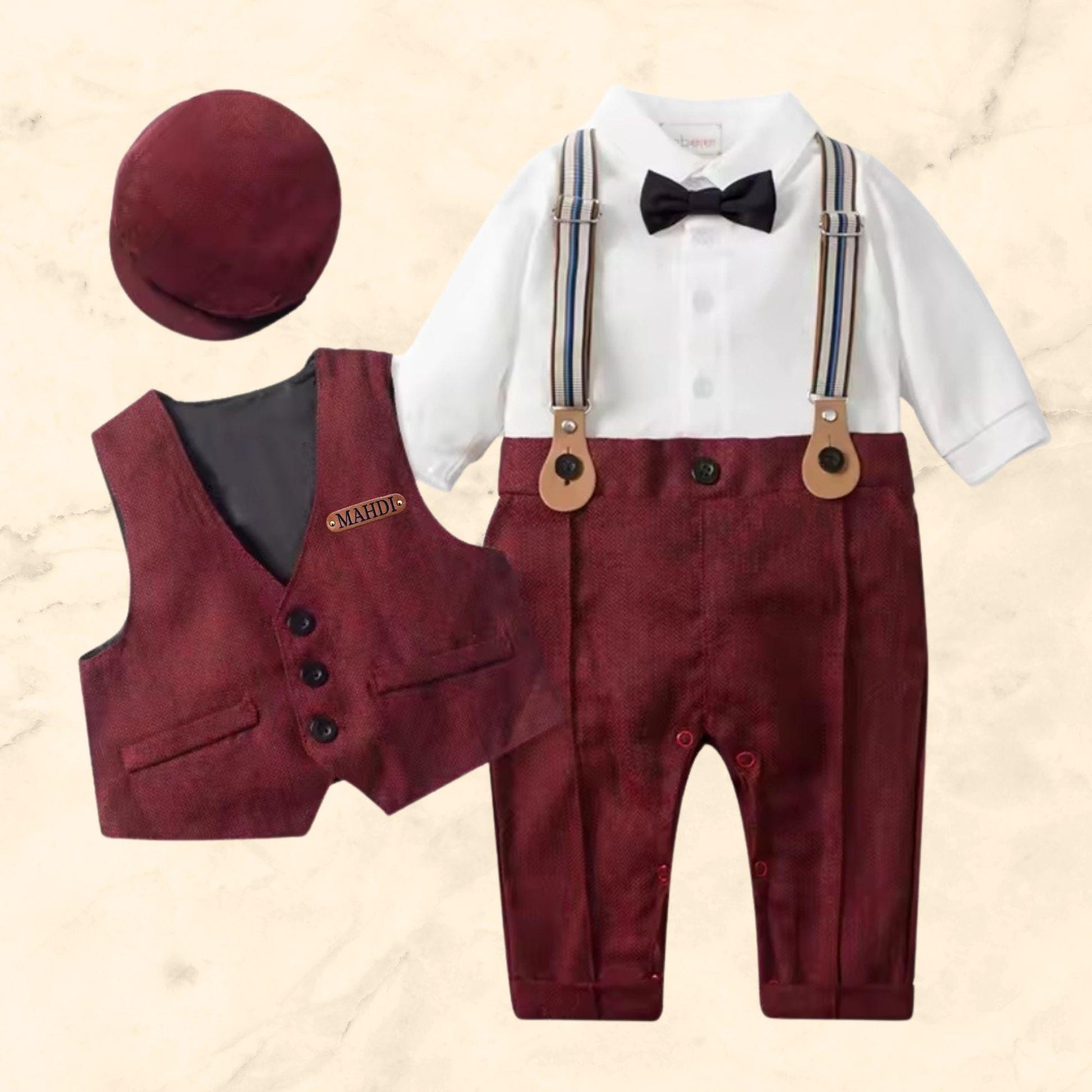 Baby baptism suit set with shirt, pants, and personalized name tag