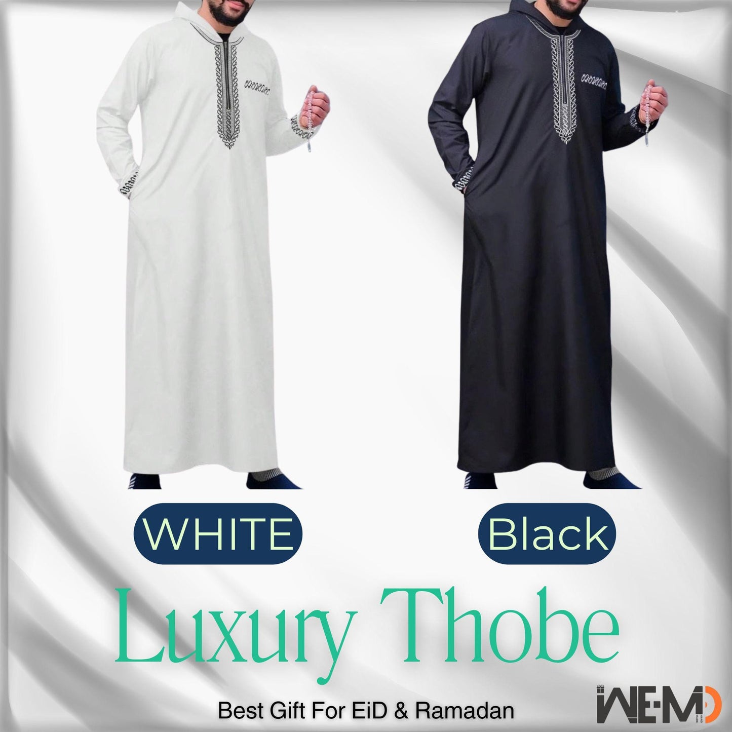 Luxury Embroidered Islamic Thobe for Men – Premium Arabic Kaftan Jubba Robe – Handmade Cotton or Linen Prayer Outfit – White & Black Dishdash for Ramadan, Eid, Wedding, Mosque – Gift for Muslim Husband or Father