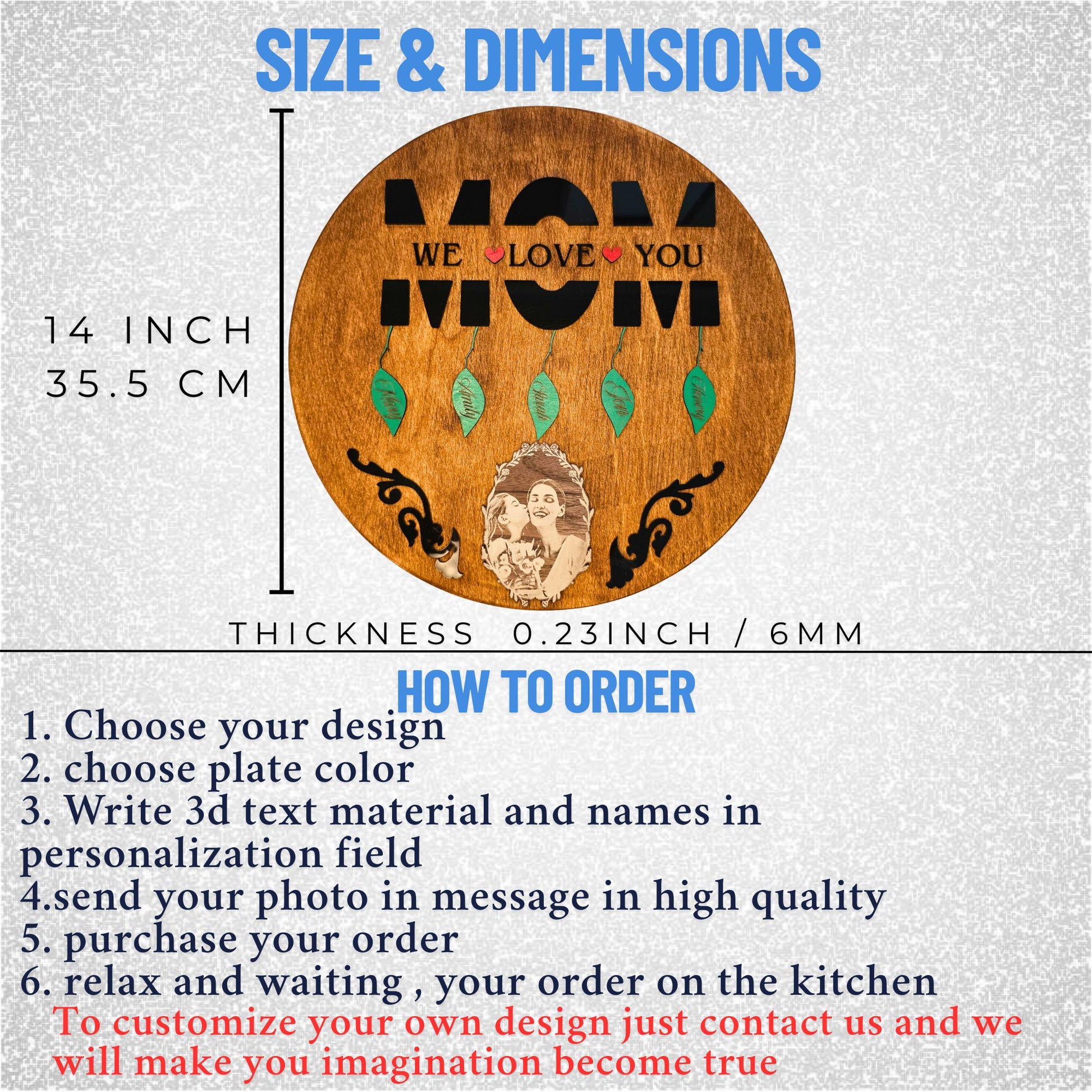 Size and dimensions for custom Mother’s Day wood sign – 14 inch round, 6mm thick – personalized names and image