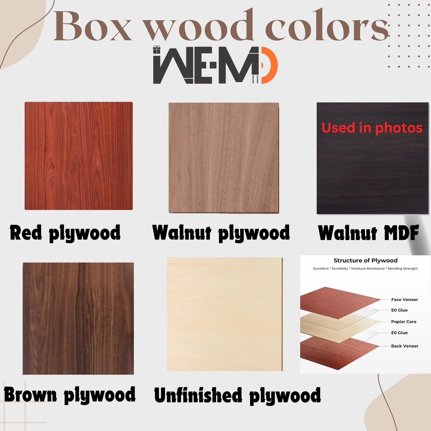 Product options screen showing gift pack types (chocolate only or chocolate + necklace) and wood color options including walnut MDF, plywood, red, and unfinished.