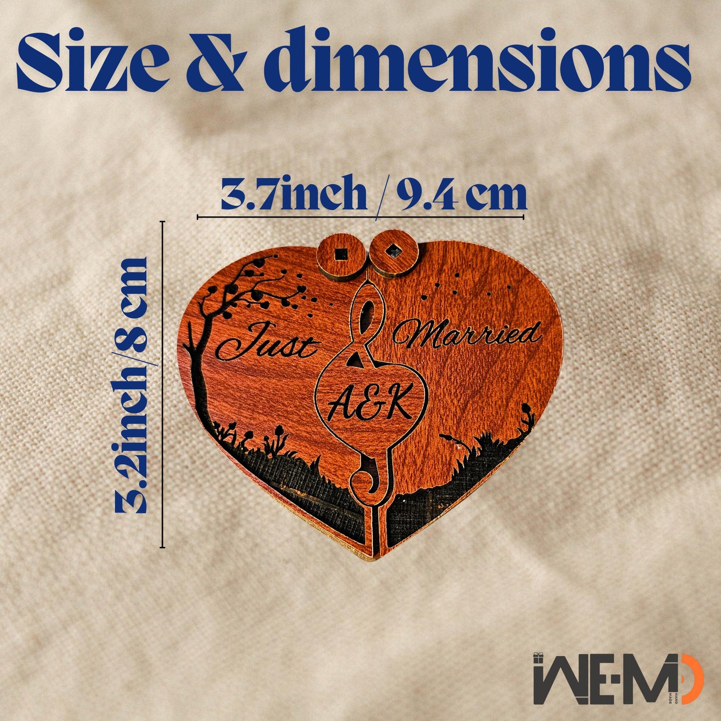 A detailed image showing the size and dimensions of a personalized wooden heart-shaped ring box for couples. This engraved ring holder features “Just Married” text and custom initials (A&K), ideal for weddings, proposals, engagements, or romantic anniversary gifts. Use as a keepsake gift box, engagement ring holder, or laser engraved proposal box. This custom wood jewelry box is handcrafted and perfect for bridal accessories or couple ring storage.