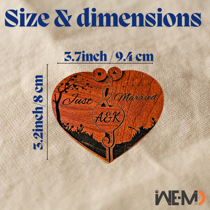 A detailed image showing the size and dimensions of a personalized wooden heart-shaped ring box for couples. This engraved ring holder features “Just Married” text and custom initials (A&K), ideal for weddings, proposals, engagements, or romantic anniversary gifts. Use as a keepsake gift box, engagement ring holder, or laser engraved proposal box. This custom wood jewelry box is handcrafted and perfect for bridal accessories or couple ring storage.