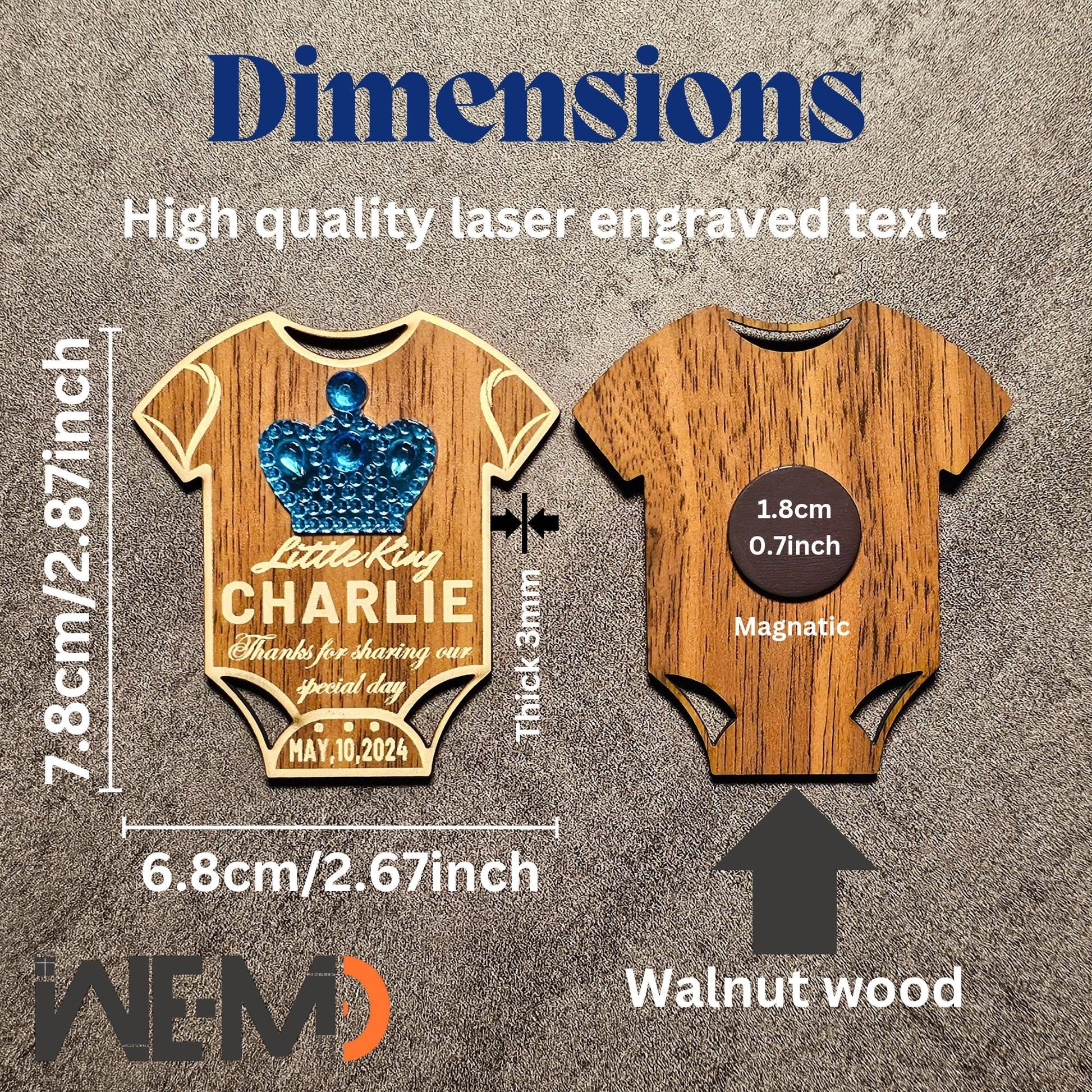 Measurement reference showing engraved walnut baby magnet with 3D blue crown. High-quality laser engraving with baby name and date customization. Rustic personalized baby favor for fridge, baby shower, or newborn thank-you gift idea.