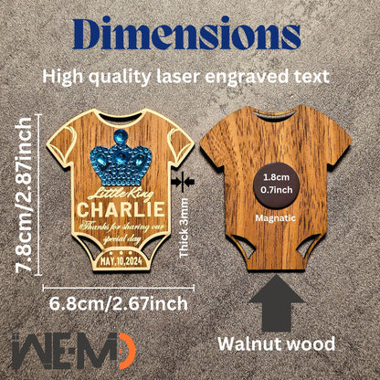 Measurement reference showing engraved walnut baby magnet with 3D blue crown. High-quality laser engraving with baby name and date customization. Rustic personalized baby favor for fridge, baby shower, or newborn thank-you gift idea.