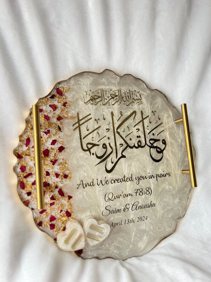 Personalized Islamic wedding resin tray with Arabic calligraphy, gold flakes, white pearl base, and gold handles, 13-inch size shown on white background