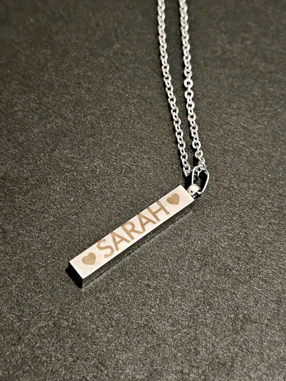 Personalized Necklace Names Engraved Coordinates, Vertical Bar Necklaces for Woman, Date Necklace 3D Bar Gold, Silver, Rose Gold Custom Gift