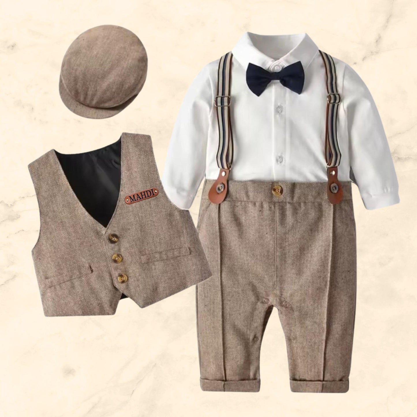 Baby Boy Wedding Outfit – Toddler Tuxedo – Ring Bearer Suit – Page Boy Outfit – Baptism Linen Suit – Baby Formal Clothes – Vintage Suspenders & Bow Tie Set – Toddler Boy Dress Clothes – Personalized Baby Name Suit