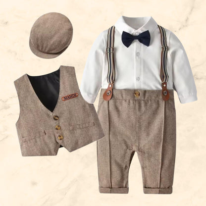 Baby Boy Wedding Outfit – Toddler Tuxedo – Ring Bearer Suit – Page Boy Outfit – Baptism Linen Suit – Baby Formal Clothes – Vintage Suspenders & Bow Tie Set – Toddler Boy Dress Clothes – Personalized Baby Name Suit