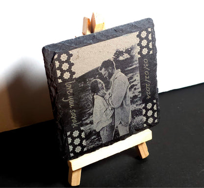 Set of 4 Slate Drink Coasters - Engraved Photo Slate Coasters - Custom Wedding Gift - Monogram Stone Coasters -Christmas Gift for Home